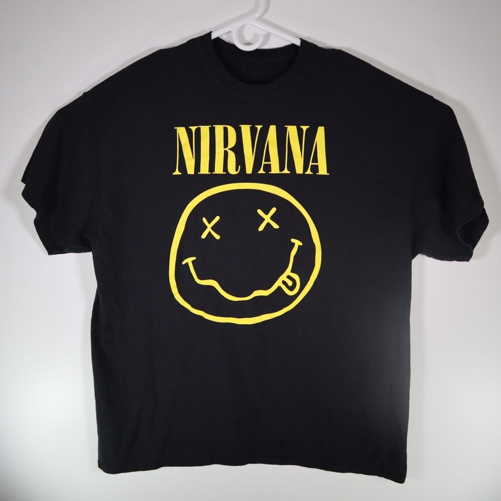NIRVANA SMILEY FACE Mens Crew Neck Short Sleeve Regular Fit 2XL XXL Black